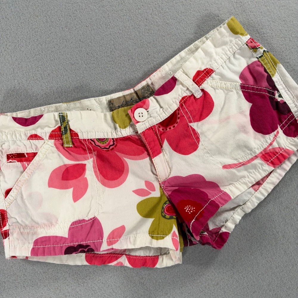 Angel Kiss Y2K Floral Print Cotton Shorts Size 3 Pink Green Low Rise Retro